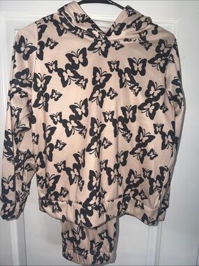 Girl’s Black Butterfly Print Beige Blouse and Pants
